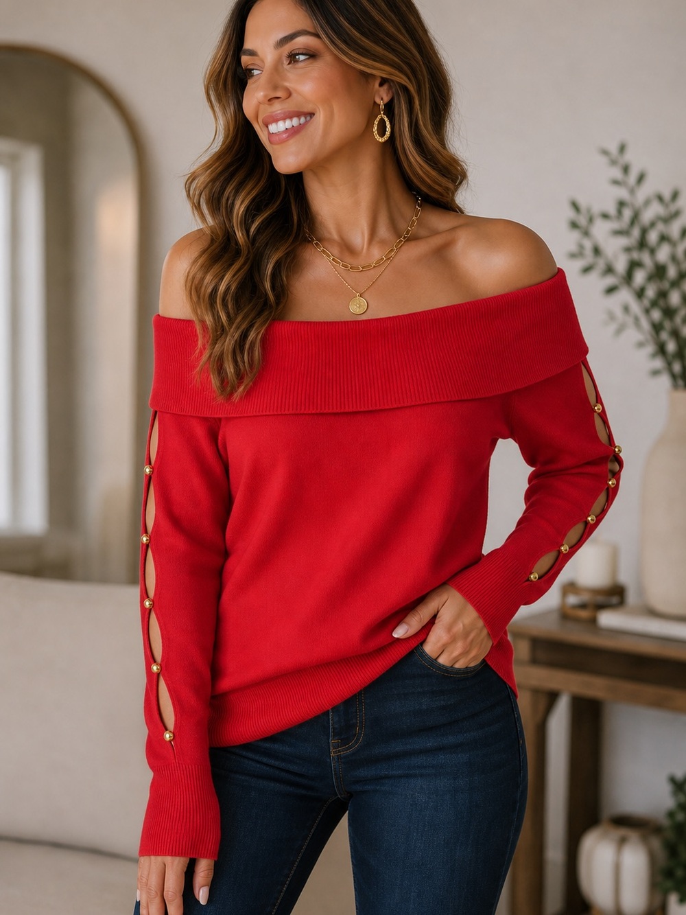 Thalia Sodi Red Off-the-Shoulder Sweater with Button-Slit Sleeves